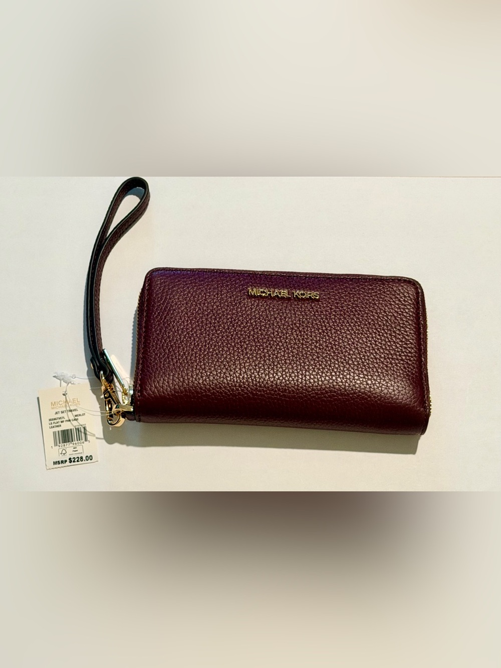 New Michael Kors Pebbled Leather Zip Wristlet Wallet in Burgundy Wine